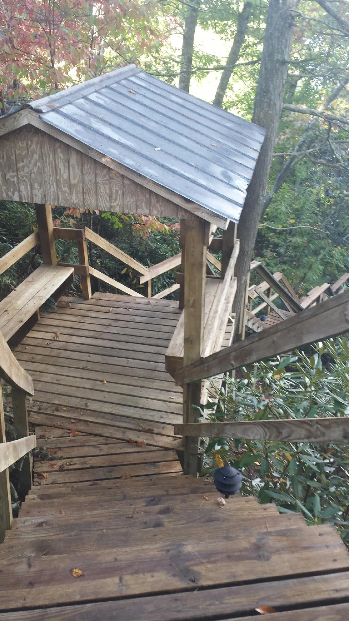 Metal roofed shelter over wooden steps on a wooded walkway — Skylight Repair & Installation work by our crew in Perry Point